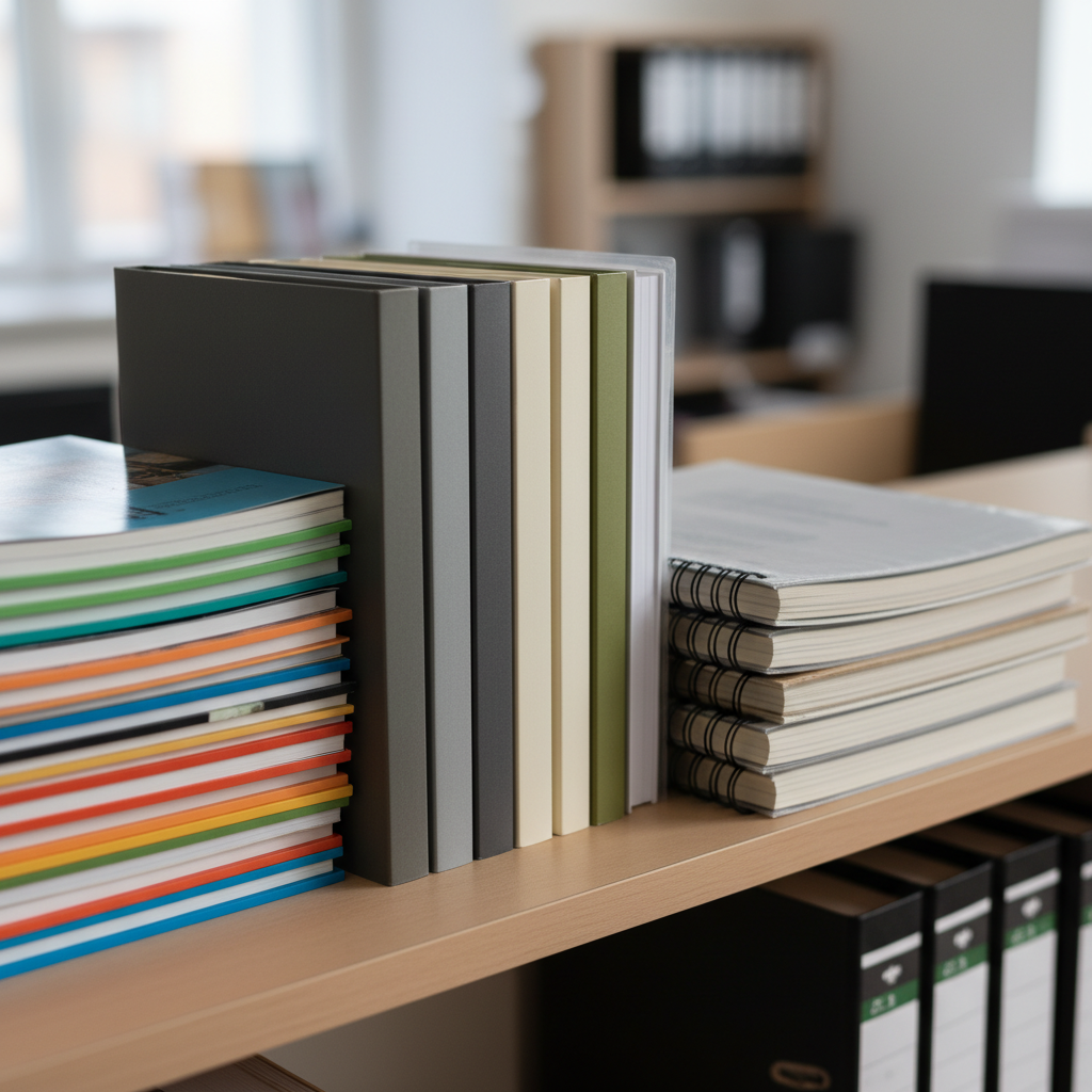 다양한 제본 방식의 책자들 — 선반 진열