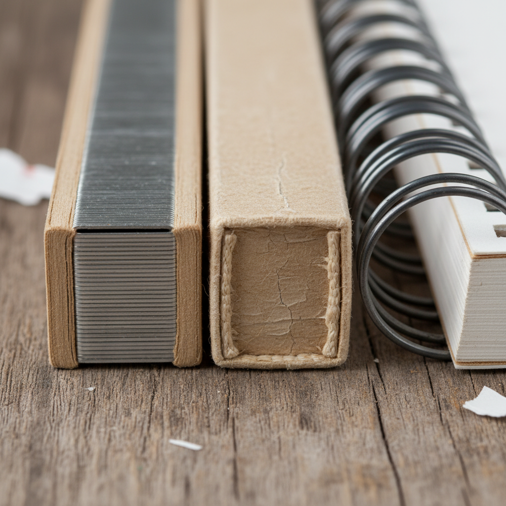 제본 방식 비교 — 중철, 무선, 스프링 접착면 클로즈업