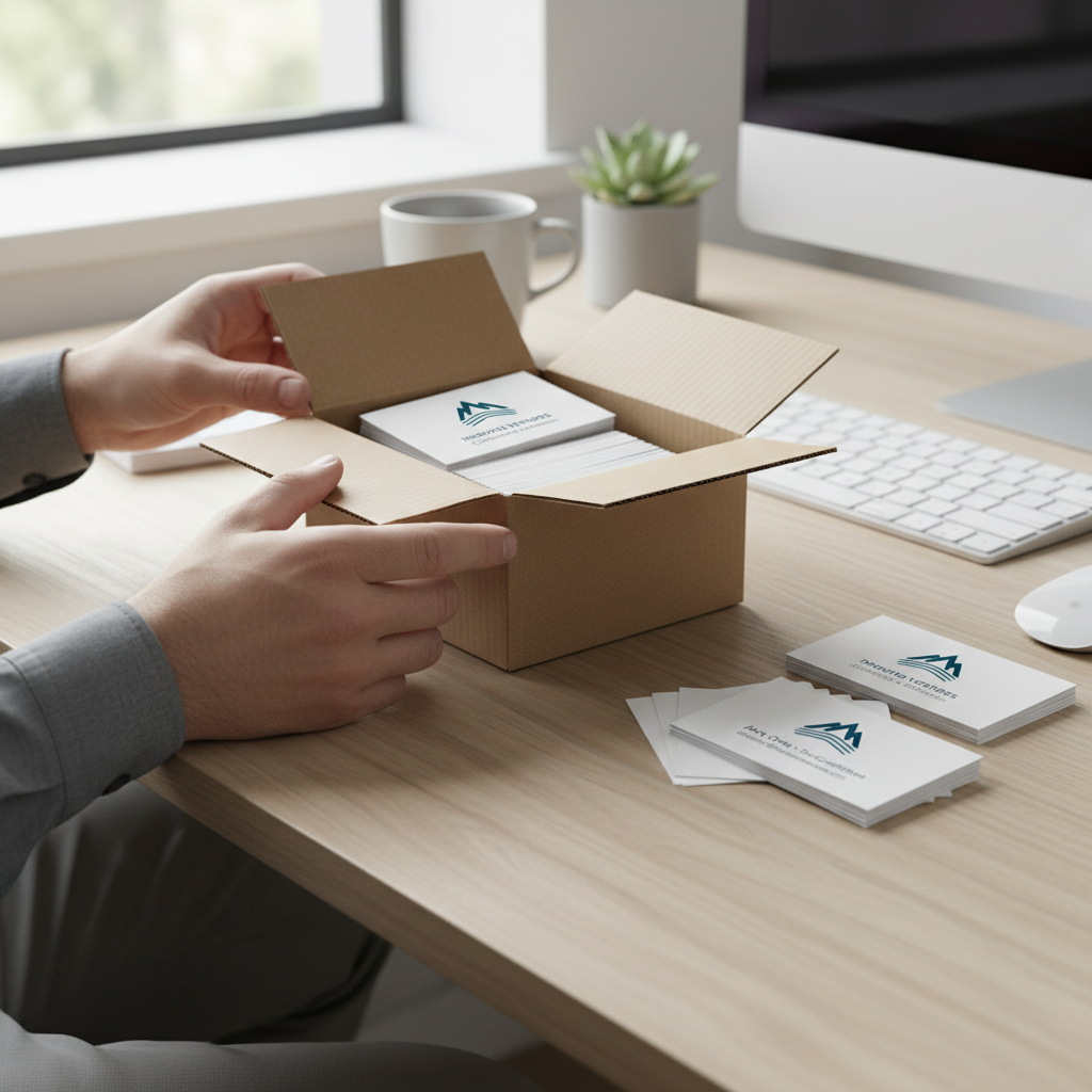 명함 인쇄 완성품 — 깔끔하게 포장된 명함 박스