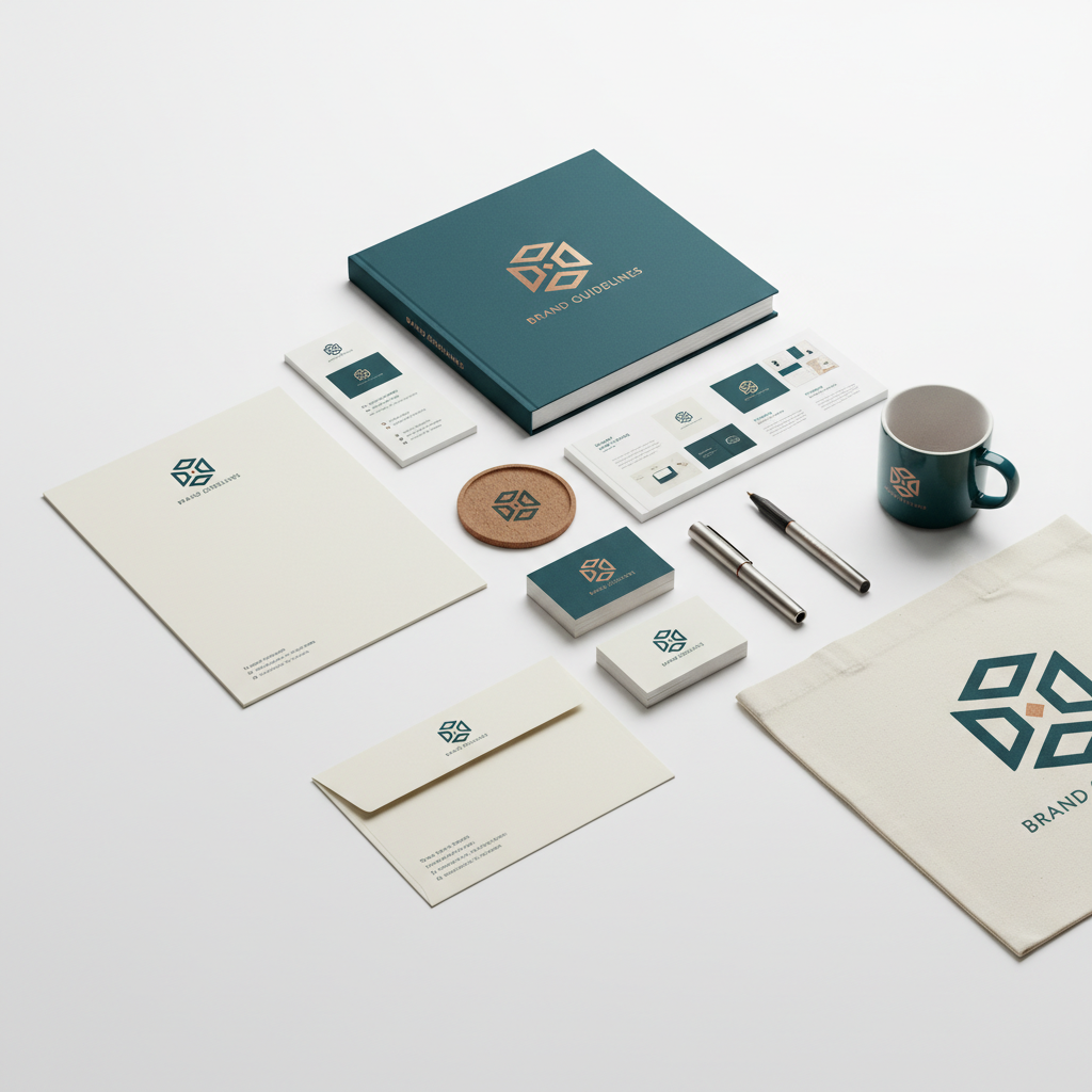 브랜드 아이덴티티 디자인 결과물 — 명함, 레터헤드, 로고, 가이드북