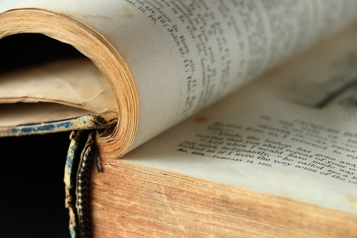 실로 꿰맨 사철 제본 책의 등 부분 클로즈업