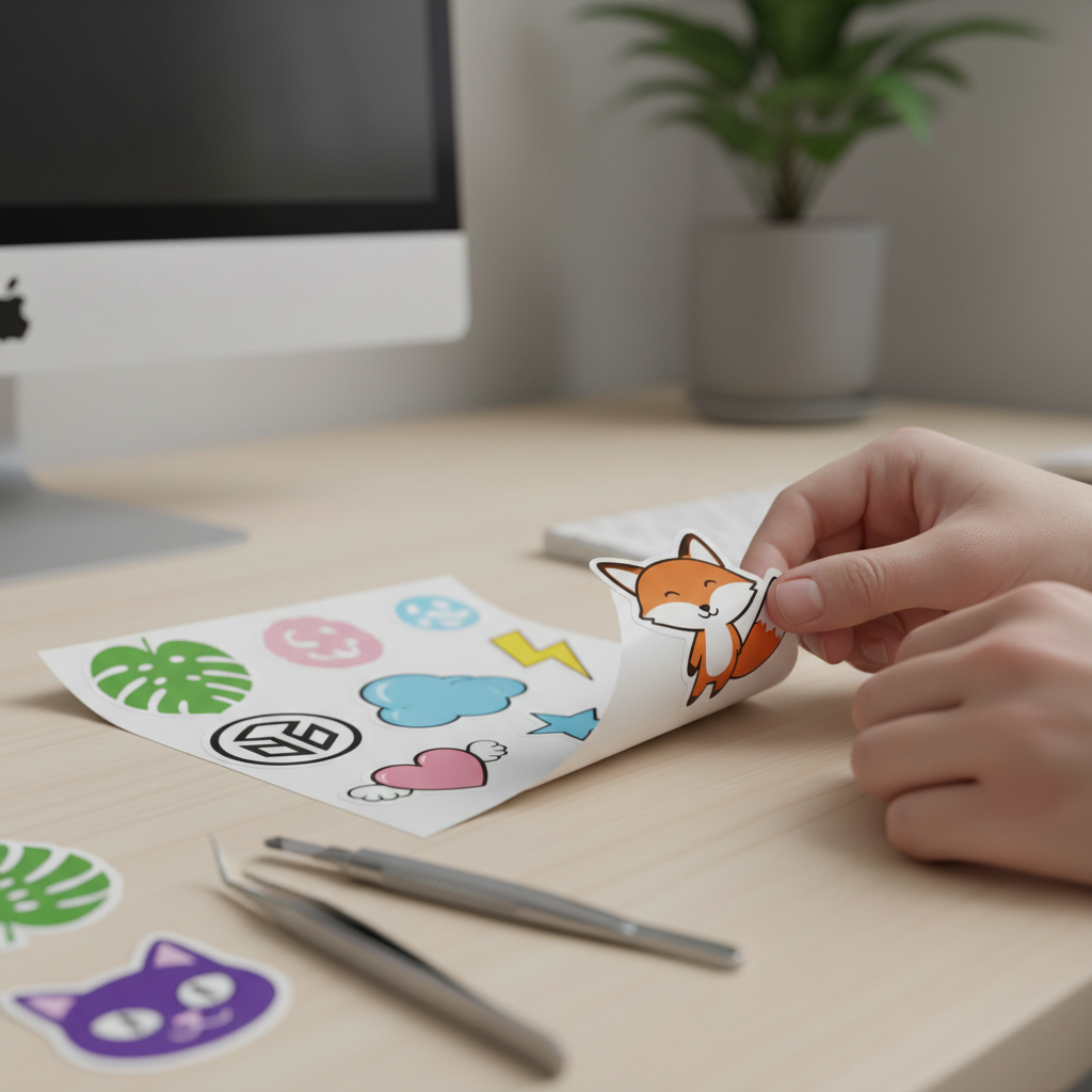 도무송 스티커 칼선 작업 — 반칼로 이형지에서 떼어내는 모습