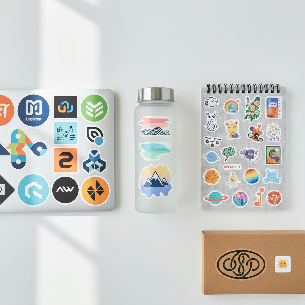 스티커 활용 사례 — 노트북, 텀블러, 포장에 부착된 커스텀 스티커