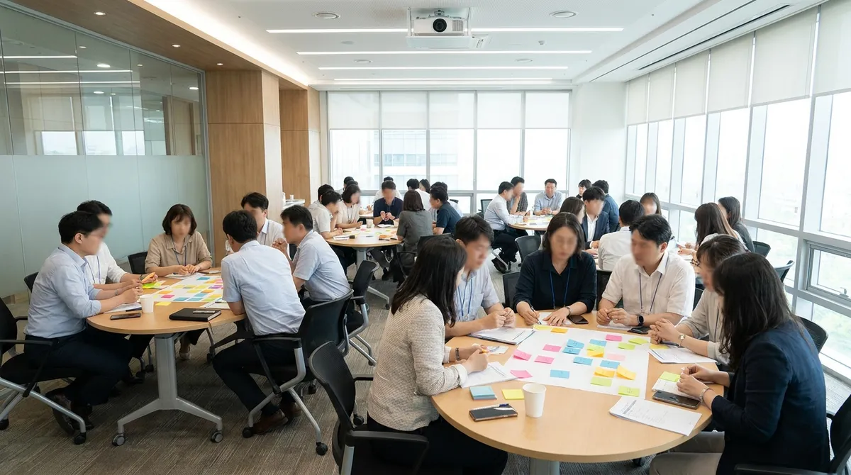워크숍 진행 현장 라운드 테이블에서 그룹 활동하는 참가자들
